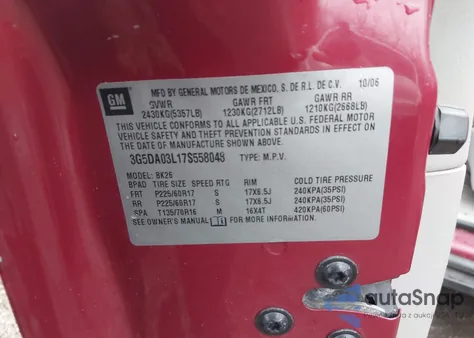 2007 Buick Rendezvous Cx z USA, uszkodzony, nr VIN 3G5DA03L17S558048